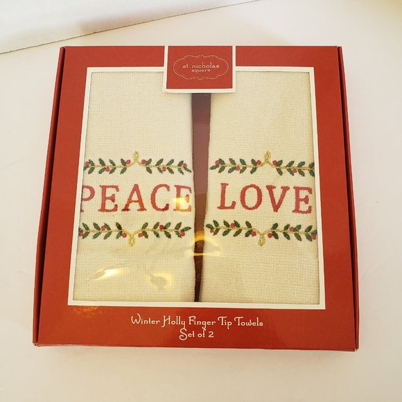 St Nicholas Square Christmas Peace Love Finger Tip Towel Set of 2 New in Box - Picture 3 of 6